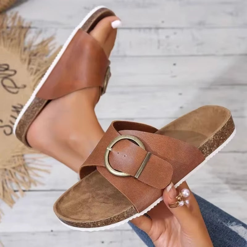 Women's Cork Footbed Slide Sandals with Buckle Strap and Cross Design™ – Ergonomischer Komfort für den ganzen Tag