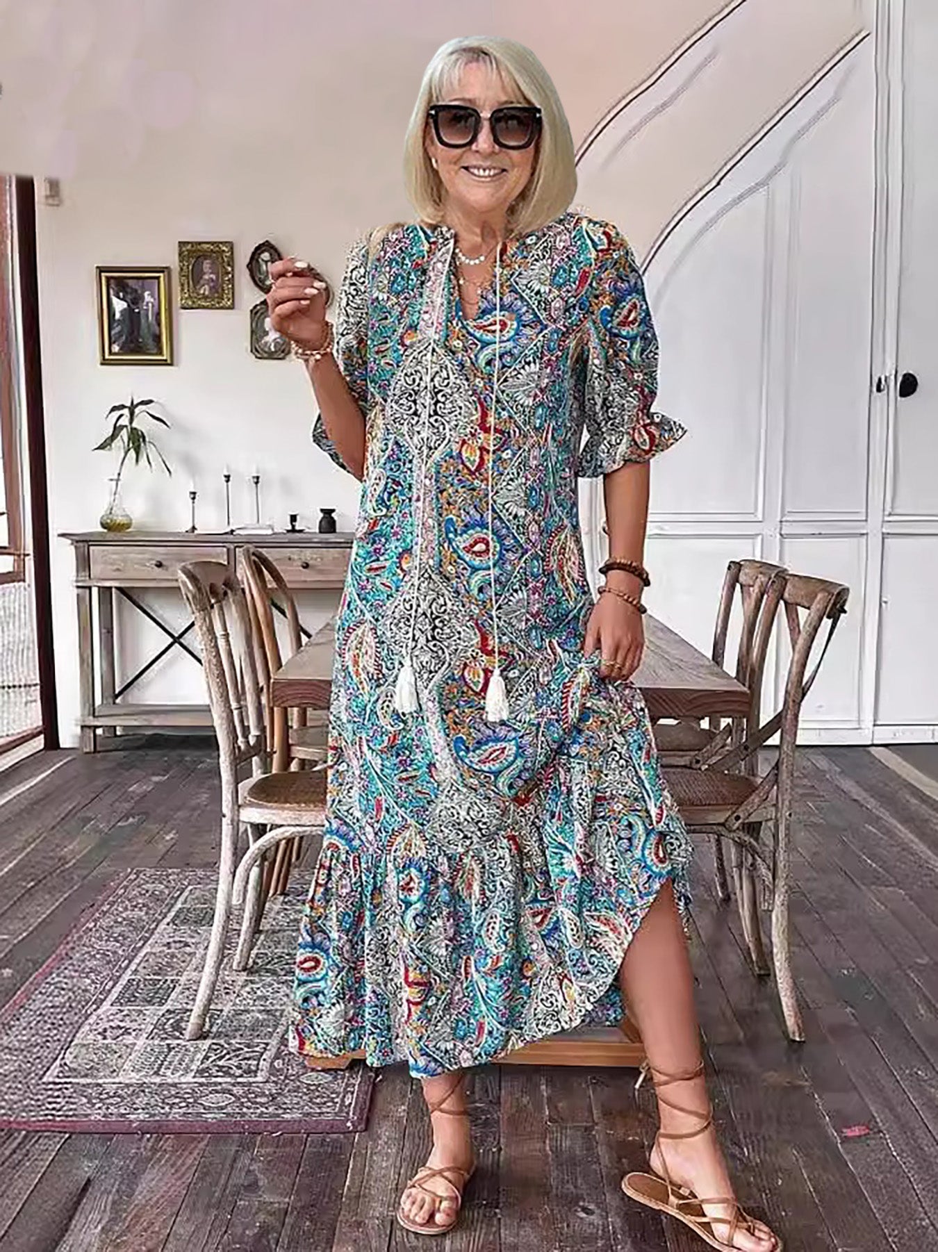 Relaxed Boho Pattern Midi Dress™ – Müheloses Tragen mit Stil