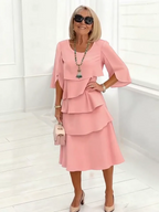 Women's Elegant Midi Dress with Ruffle Layers and Split Sleeves™ – Zeitlose Eleganz mit femininen Details