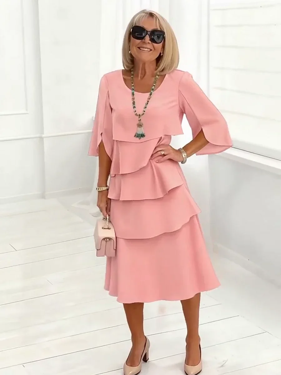 Women's Elegant Midi Dress with Ruffle Layers and Split Sleeves™ – Zeitlose Eleganz mit femininen Details