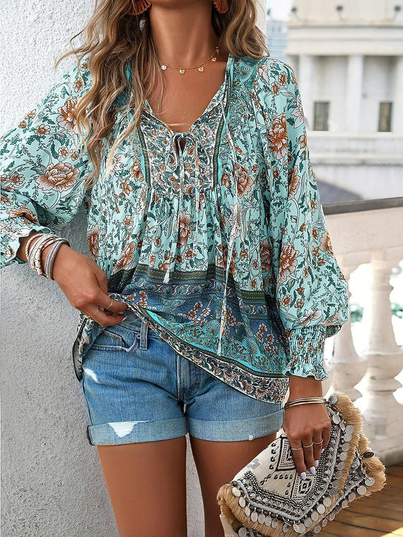 Women's Boho Floral V-Neck Blouse Loose Fit Lightweight Summer Casual Top™ – Leichter Sommer-Boho-Style für jeden Tag