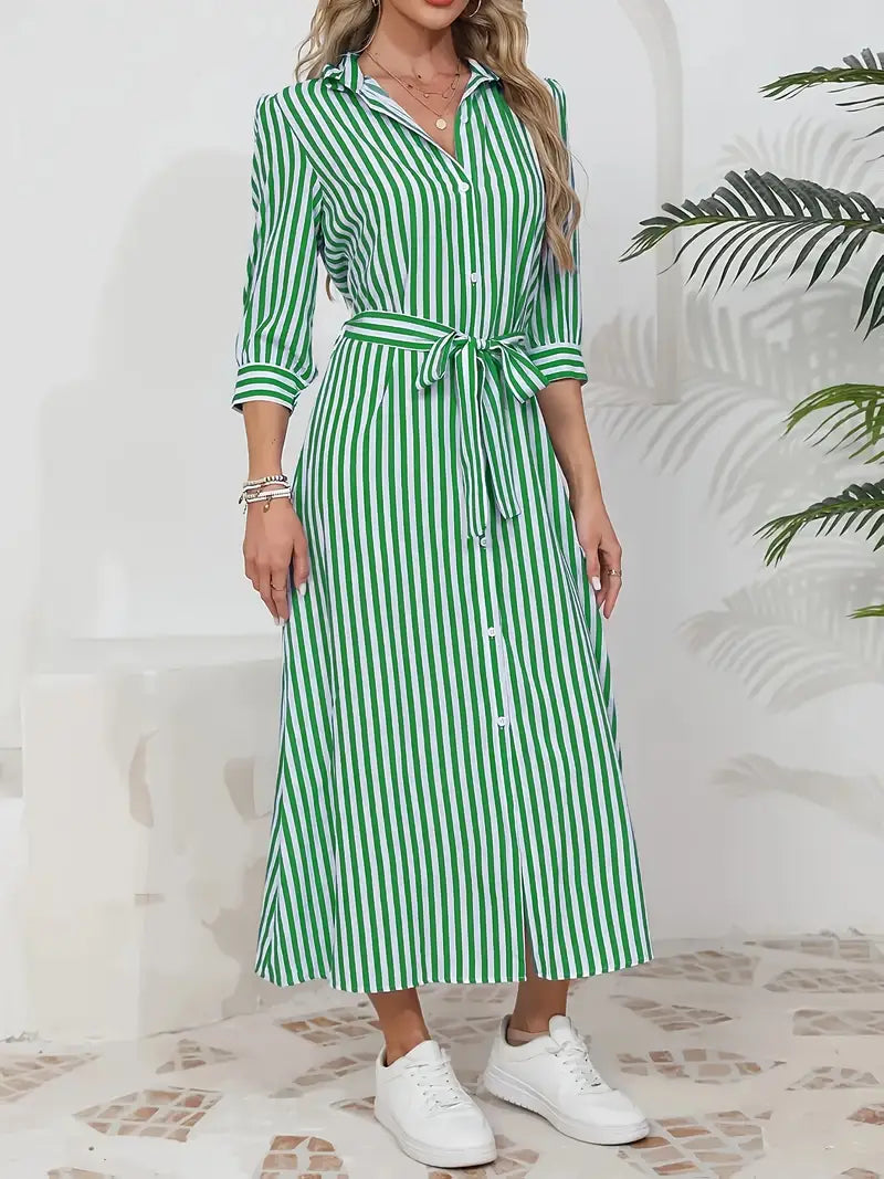 Women's Striped Belted Button Down Elegant Shirt Midi Dress™ – Zeitlose Eleganz für jeden Anlass