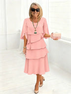 Women's Elegant Midi Dress with Ruffle Layers and Split Sleeves™ – Zeitlose Eleganz mit femininen Details