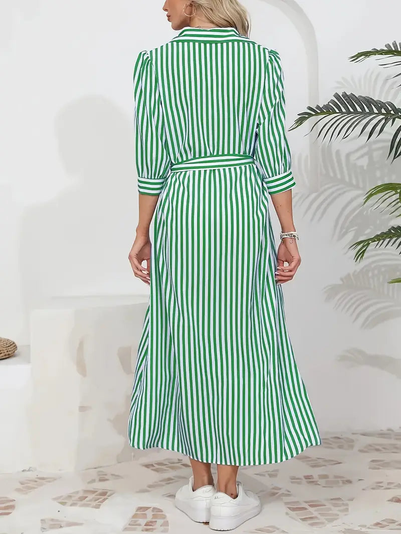 Women's Striped Belted Button Down Elegant Shirt Midi Dress™ – Zeitlose Eleganz für jeden Anlass