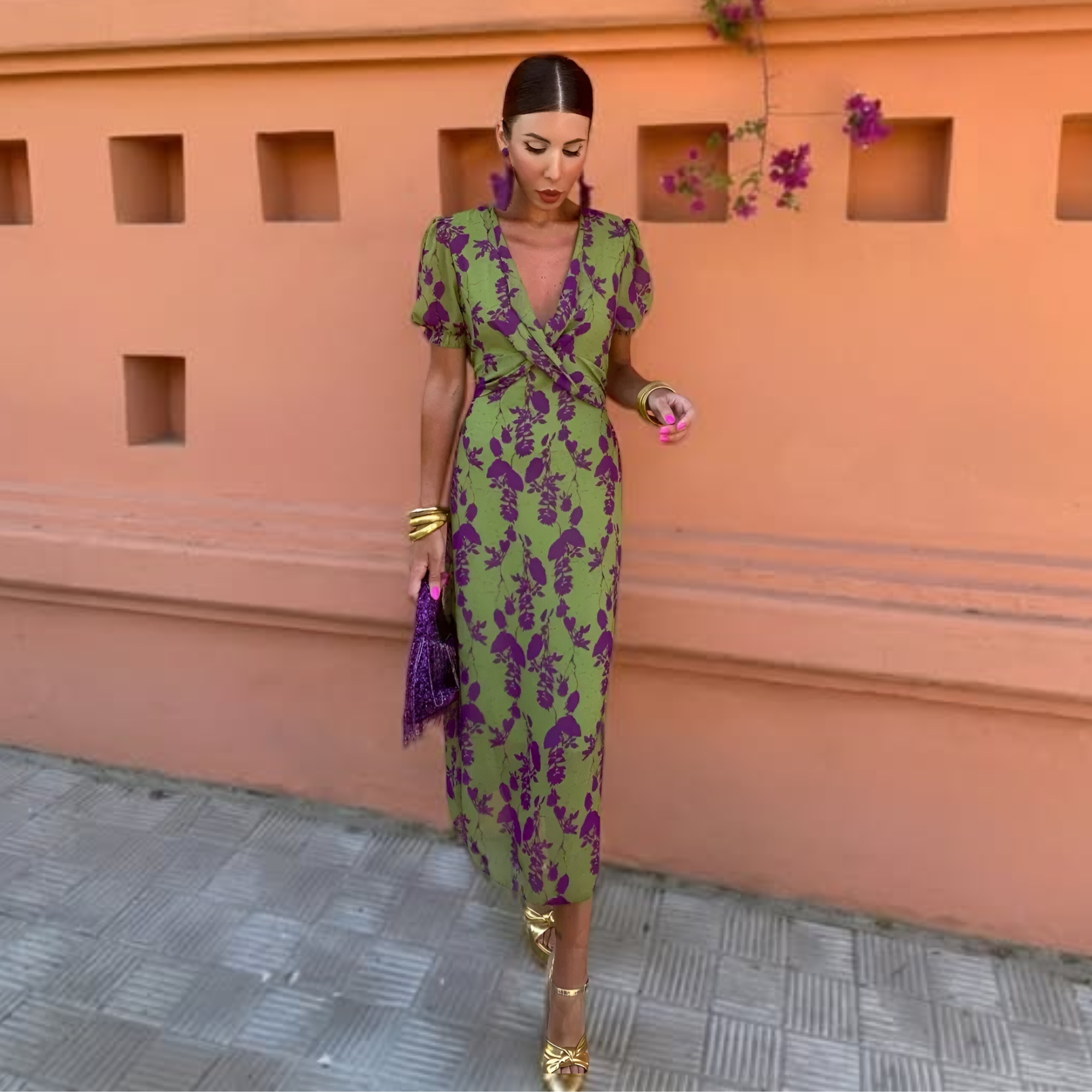 Women's Floral Midi Dress with Wrap V-Neck and Short Sleeves™ – Mühelose Eleganz für jeden Anlass