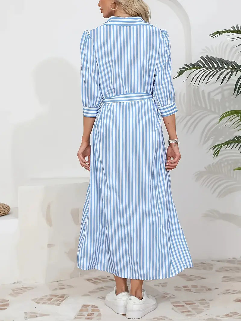 Women's Striped Belted Button Down Elegant Shirt Midi Dress™ – Zeitlose Eleganz für jeden Anlass