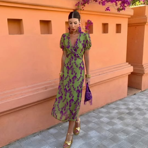 Women's Floral Midi Dress with Wrap V-Neck and Short Sleeves™ – Mühelose Eleganz für jeden Anlass