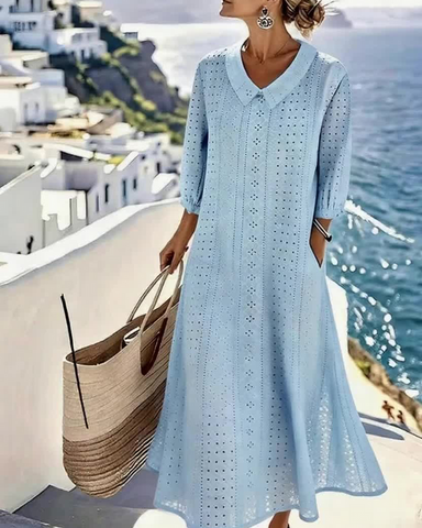 Women's Button Front Eyelet Midi Dress with 3/4 Sleeves™ – Zeitlose Eleganz für jeden Anlass