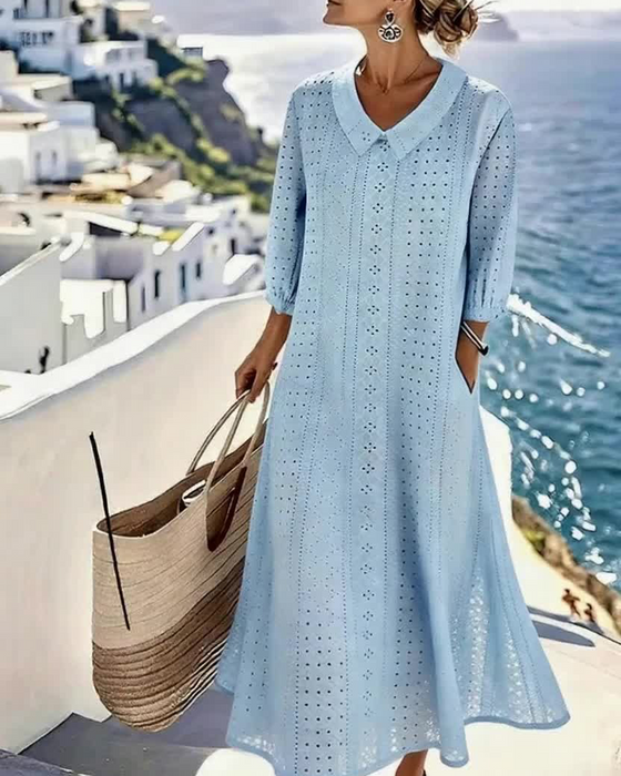 Women's Button Front Eyelet Midi Dress with 3/4 Sleeves™ – Zeitlose Eleganz für jeden Anlass