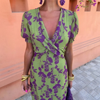 Women's Floral Midi Dress with Wrap V-Neck and Short Sleeves™ – Mühelose Eleganz für jeden Anlass