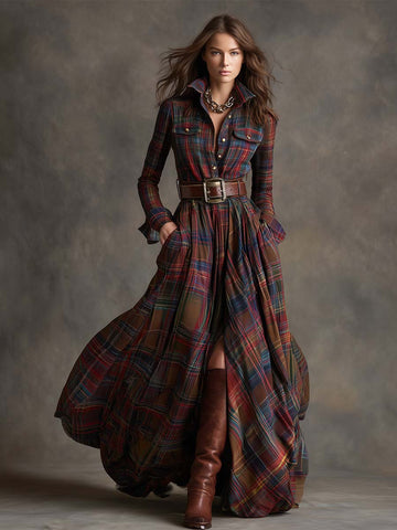 Women's Plaid Maxi Dress with Button Front and Belted Waist™ – Zeitlose Eleganz für jeden Anlass