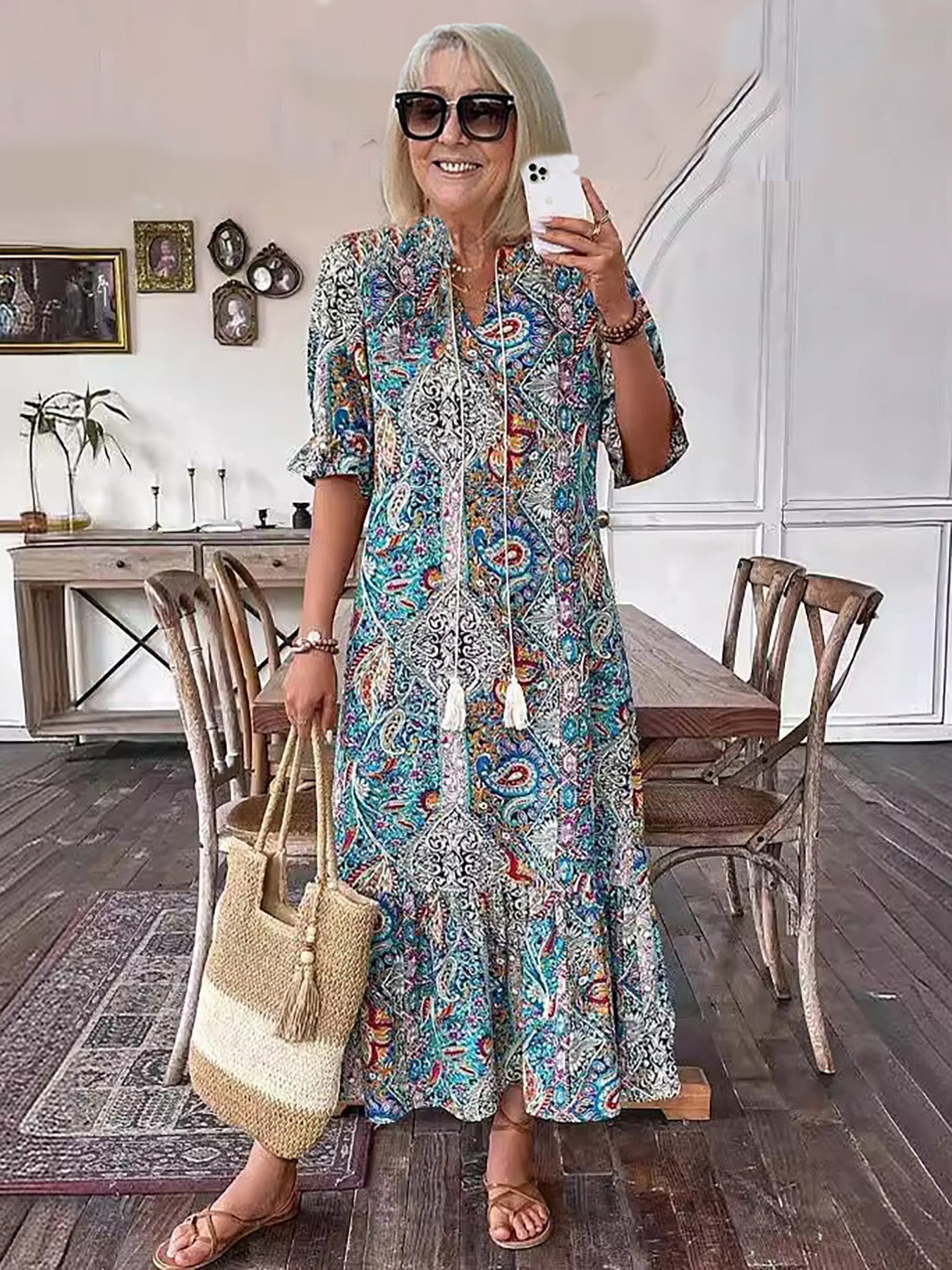 Relaxed Boho Pattern Midi Dress™ – Müheloses Tragen mit Stil