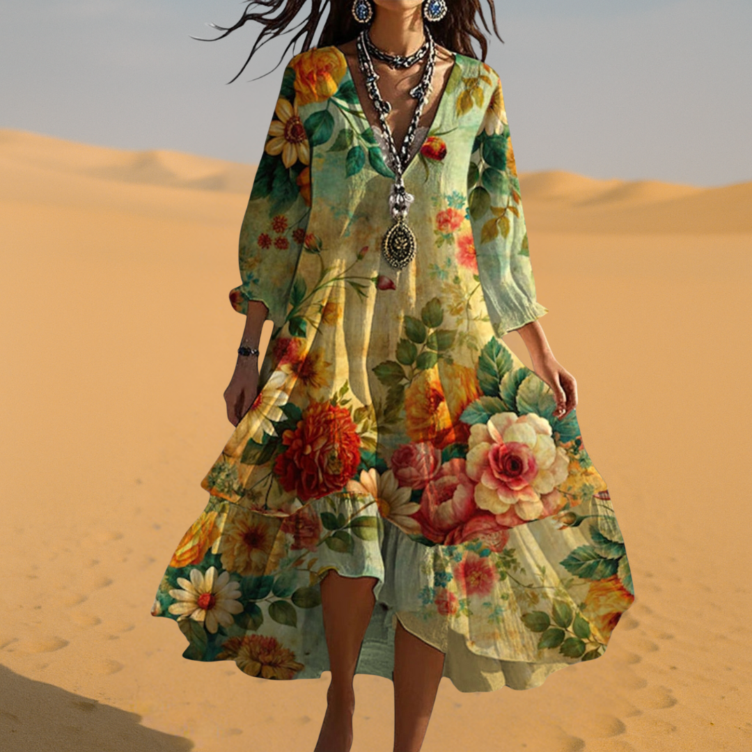 Women's Vintage Boho Floral V Neck Relaxed Fit Midi Dress™ – Zeitlose Eleganz für entspannte Alltagsmomente