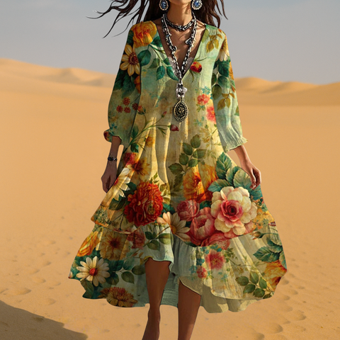 Women's Vintage Boho Floral V Neck Relaxed Fit Midi Dress™ – Zeitlose Eleganz für entspannte Alltagsmomente