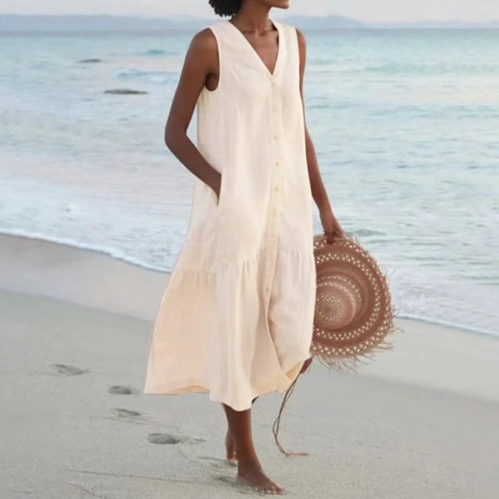 Women's Sleeveless V-Neck Button Front Midi Dress™ – Zeitloser Sommer-Chic mit femininer Eleganz