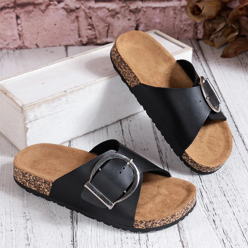 Women's Cork Footbed Slide Sandals with Buckle Strap and Cross Design™ – Ergonomischer Komfort für den ganzen Tag