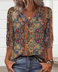 Women's Bohemian Printed Blouse V Neck Loose Fit Casual Top™ – Mühelose Eleganz für jeden Tag