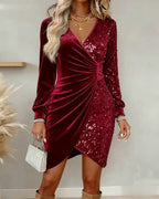 Women's Velvet Sequin Wrap Mini Dress with Long Sleeves and Draped Waist™ – Elegante Glam-Ausstrahlung für besondere Anlässe
