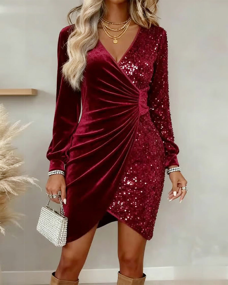 Women's Velvet Sequin Wrap Mini Dress with Long Sleeves and Draped Waist™ – Elegante Glam-Ausstrahlung für besondere Anlässe