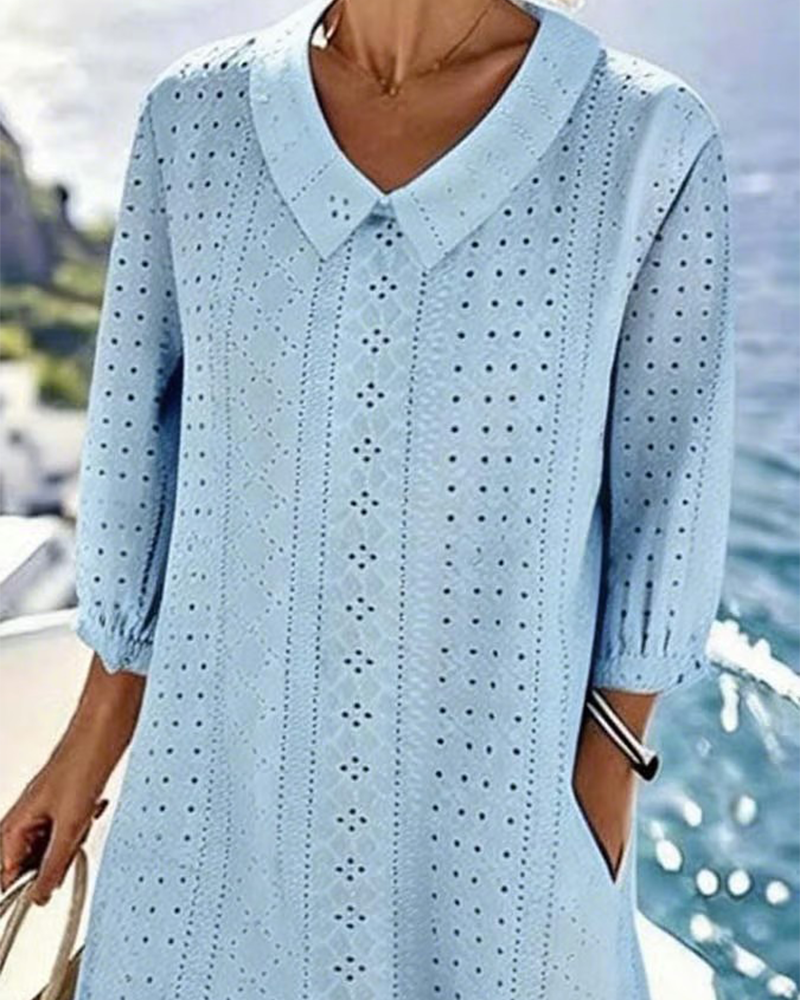 Women's Button Front Eyelet Midi Dress with 3/4 Sleeves™ – Zeitlose Eleganz für jeden Anlass