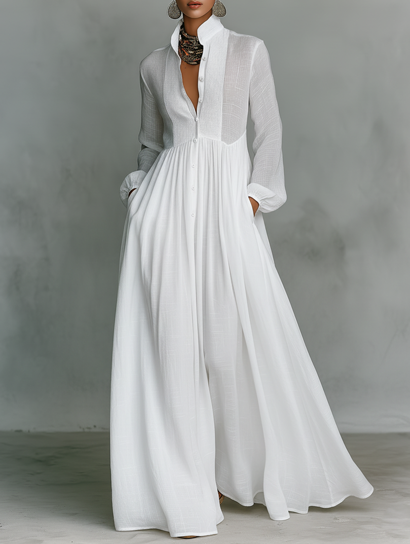 Women's Elegant Maxi Shirt Dress Long Sleeve Button Up Flowy Dress™ – Zeitlose Eleganz für jeden Anlass