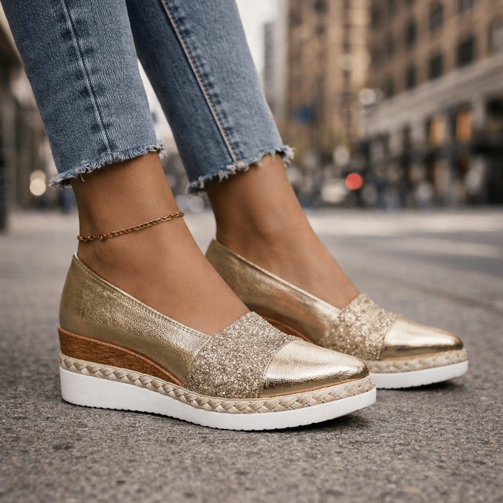 Women's Glitter Wedge Loafers with Slip On Design and Cushioned Sole™ – Elegante Bequemlichkeit mit glamourösem Glitzer-Finish