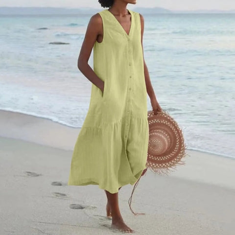 Women's Sleeveless V-Neck Button Front Midi Dress™ – Zeitloser Sommer-Chic mit femininer Eleganz