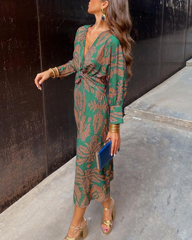 Women's Printed V Neck Knot Front Elegant Maxi Dress™ – Eleganter Stil mit femininer Ausstrahlung