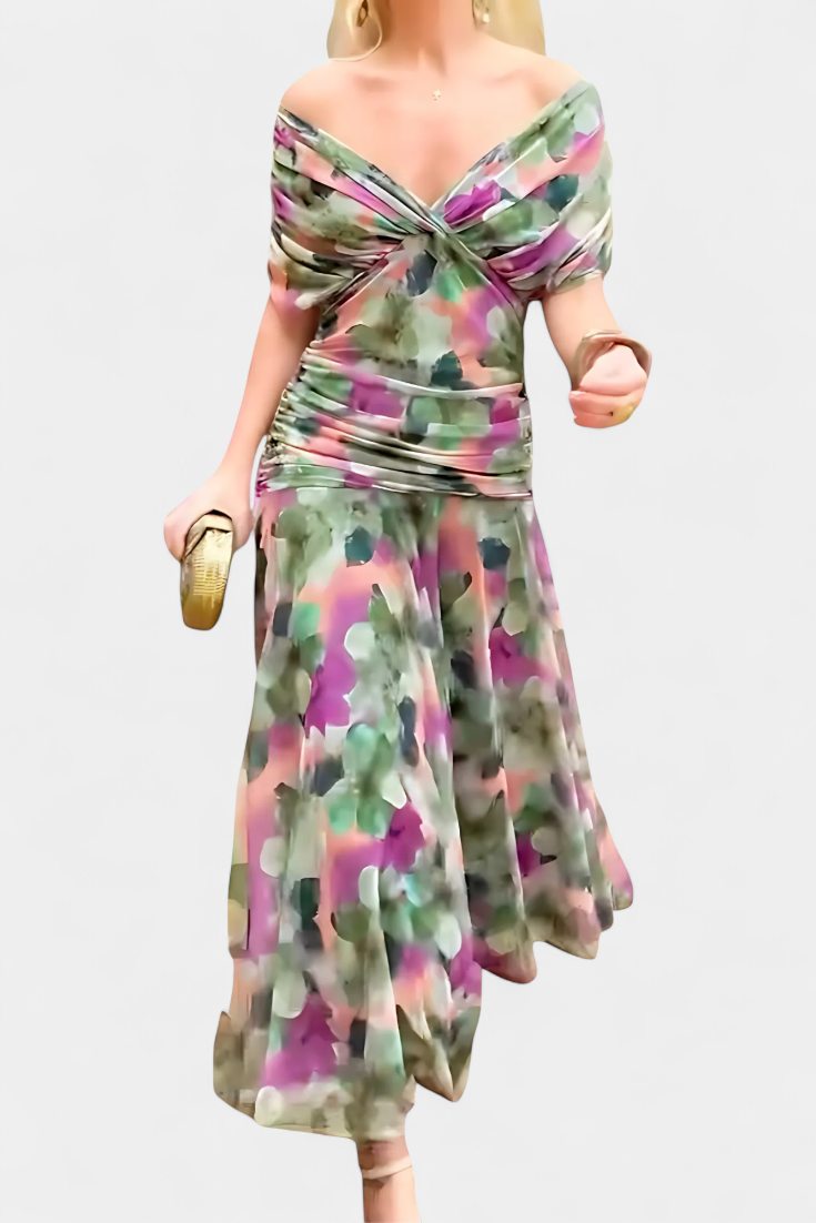 Women's Off Shoulder Midi Dress with Fitted Waist and Flowing Skirt™ – Elegante Feminine Ausstrahlung