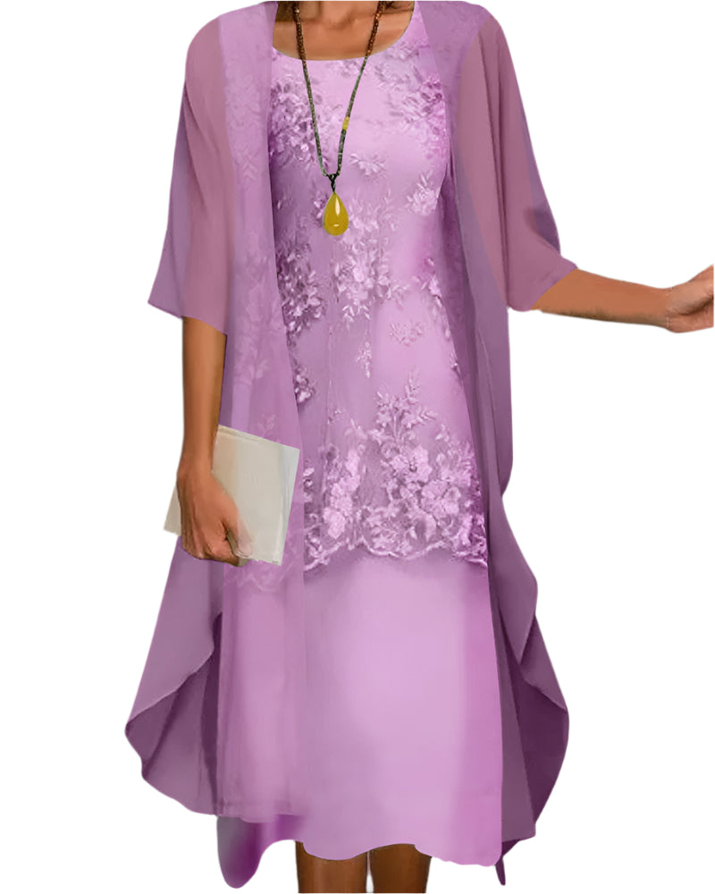 Women's Sheer Sleeve Lace Overlay Elegant Flowing Midi Dress™ – Zeitlose Eleganz für besondere Anlässe
