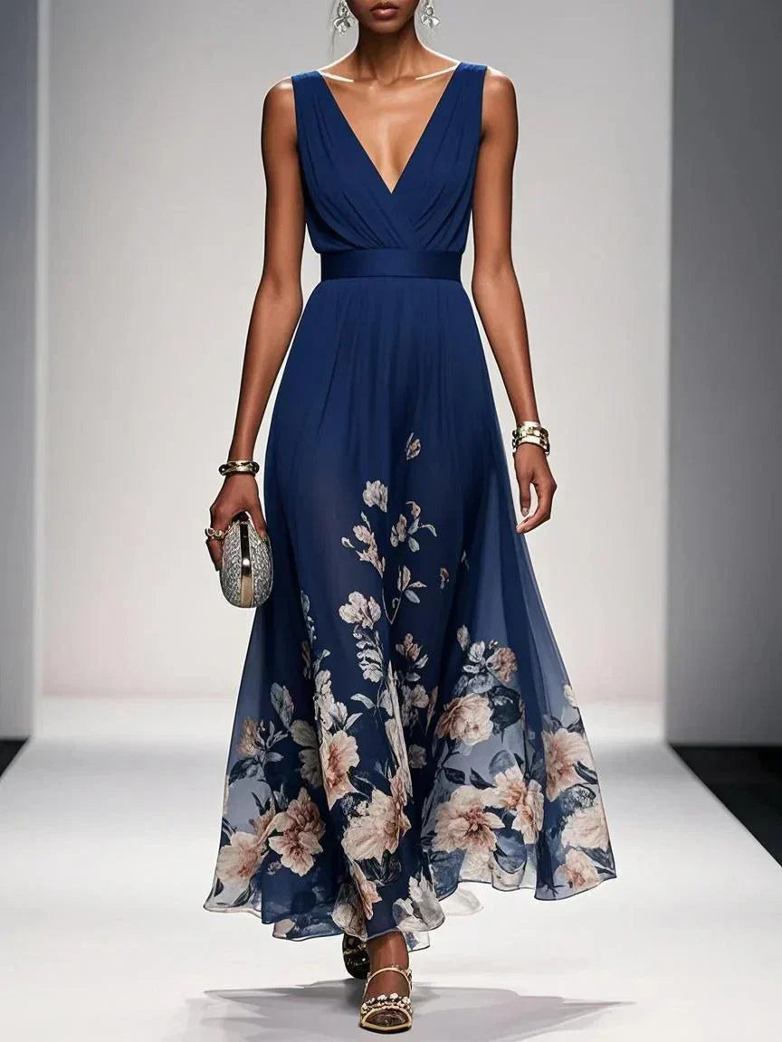 Women's Floral V Neck Elegant Flowing Summer Maxi Dress™ – Elegante Leichtigkeit für warme Tage