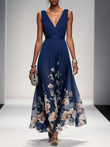 Women's Floral V Neck Elegant Flowing Summer Maxi Dress™ – Elegante Leichtigkeit für warme Tage