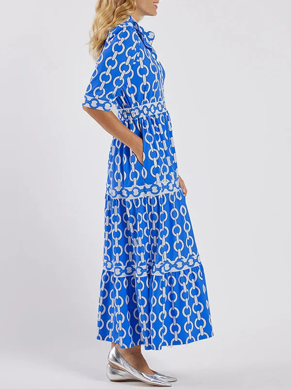 Women's Chain Print V-Neck Midi Dress with 3/4 Sleeves™ – Elegante Vielseitigkeit für jeden Anlass
