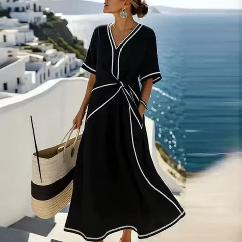 Women's Wrap Style V Neck Relaxed Fit Elegant Midi Dress™ – Zeitlose Eleganz für jeden Anlass
