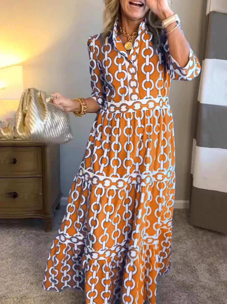 Women's Chain Print V-Neck Midi Dress with 3/4 Sleeves™ – Elegante Vielseitigkeit für jeden Anlass