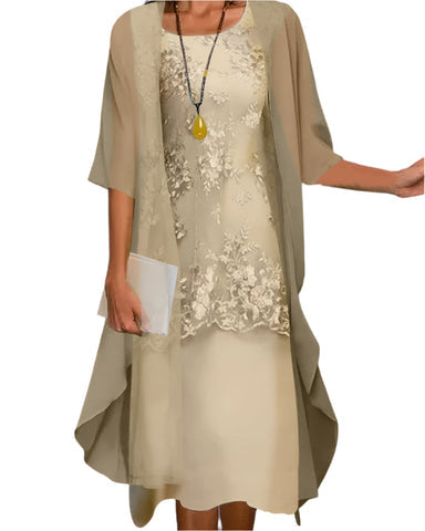 Women's Sheer Sleeve Lace Overlay Elegant Flowing Midi Dress™ – Zeitlose Eleganz für besondere Anlässe