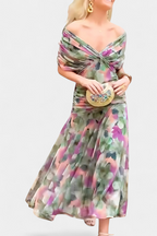 Women's Off Shoulder Midi Dress with Fitted Waist and Flowing Skirt™ – Elegante Feminine Ausstrahlung