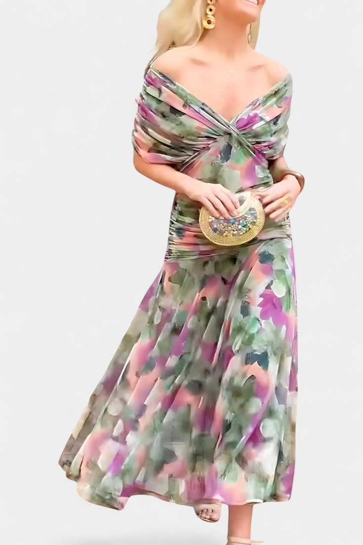 Women's Off Shoulder Midi Dress with Fitted Waist and Flowing Skirt™ – Elegante Feminine Ausstrahlung