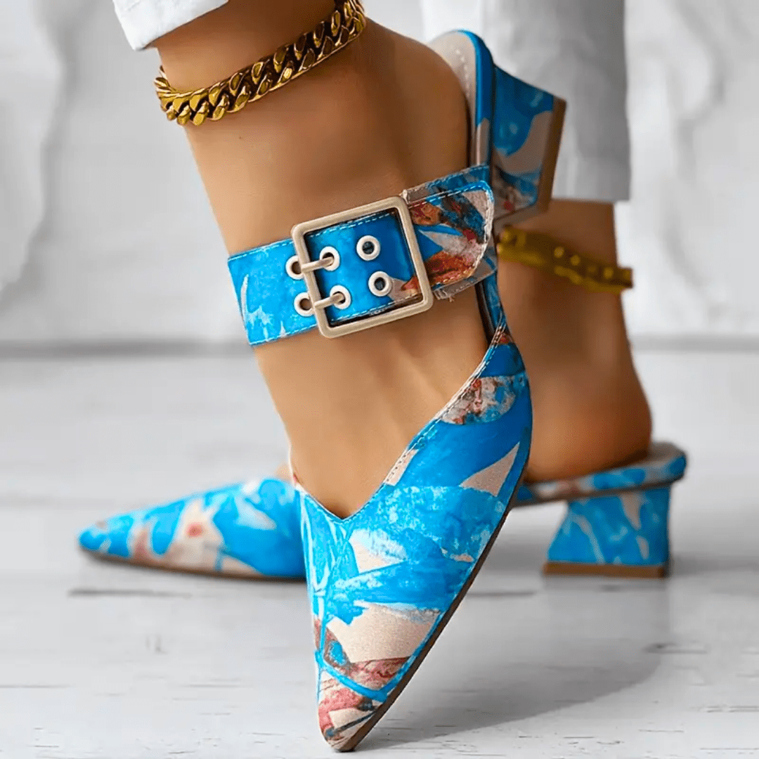 Women's Colorful Printed Heels with Strap and Block Heel™ – Kunstvolle Eleganz für stilvolle Auftritte