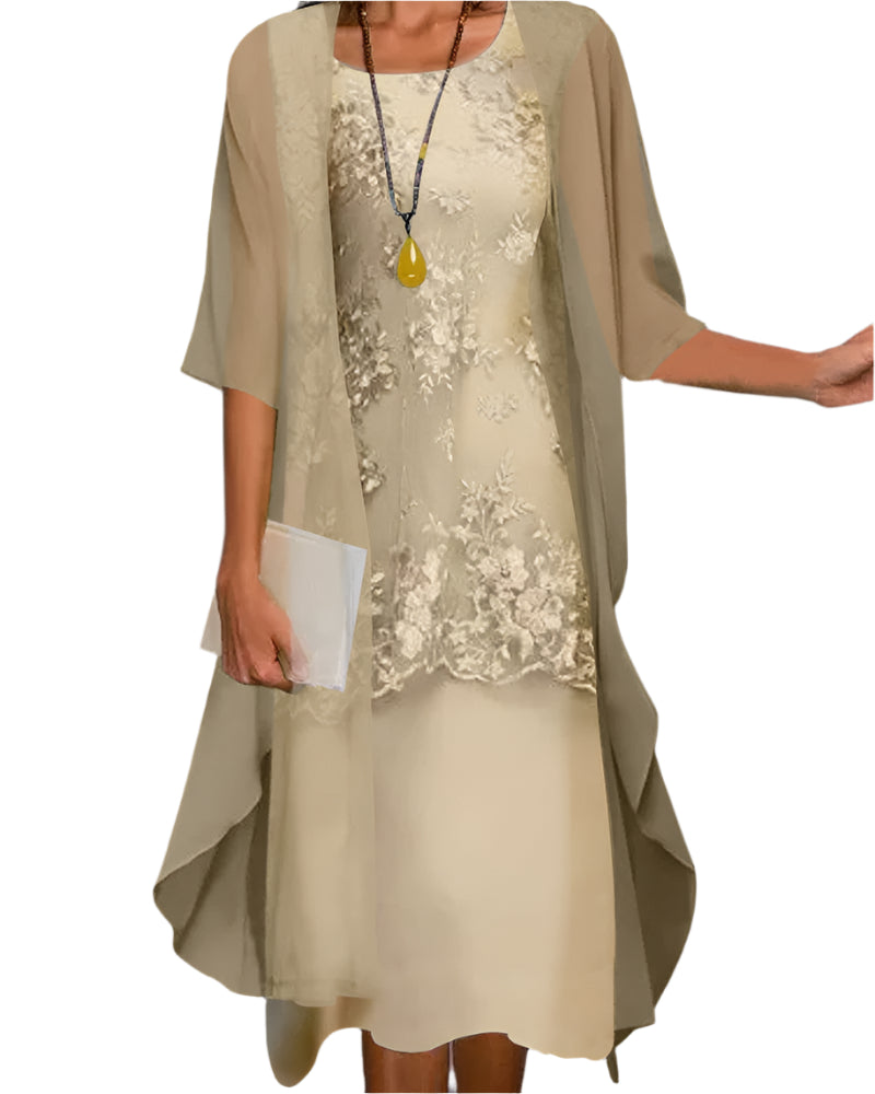 Women's Sheer Sleeve Lace Overlay Elegant Flowing Midi Dress™ – Zeitlose Eleganz für besondere Anlässe