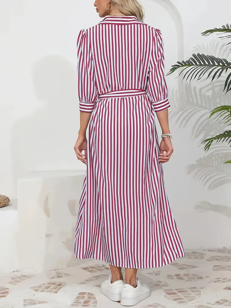 Women's Striped Belted Button Down Elegant Shirt Midi Dress™ – Zeitlose Eleganz für jeden Anlass