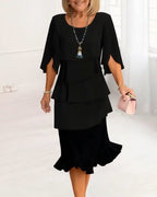 Women's Elegant Midi Dress with Ruffle Layers and Split Sleeves™ – Zeitlose Eleganz mit femininen Details