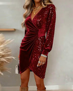 Women's Velvet Sequin Wrap Mini Dress with Long Sleeves and Draped Waist™ – Elegante Glam-Ausstrahlung für besondere Anlässe