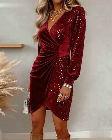 Women's Velvet Sequin Wrap Mini Dress with Long Sleeves and Draped Waist™ – Elegante Glam-Ausstrahlung für besondere Anlässe