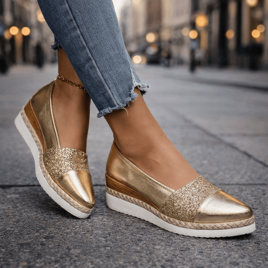 Women's Glitter Wedge Loafers with Slip On Design and Cushioned Sole™ – Elegante Bequemlichkeit mit glamourösem Glitzer-Finish