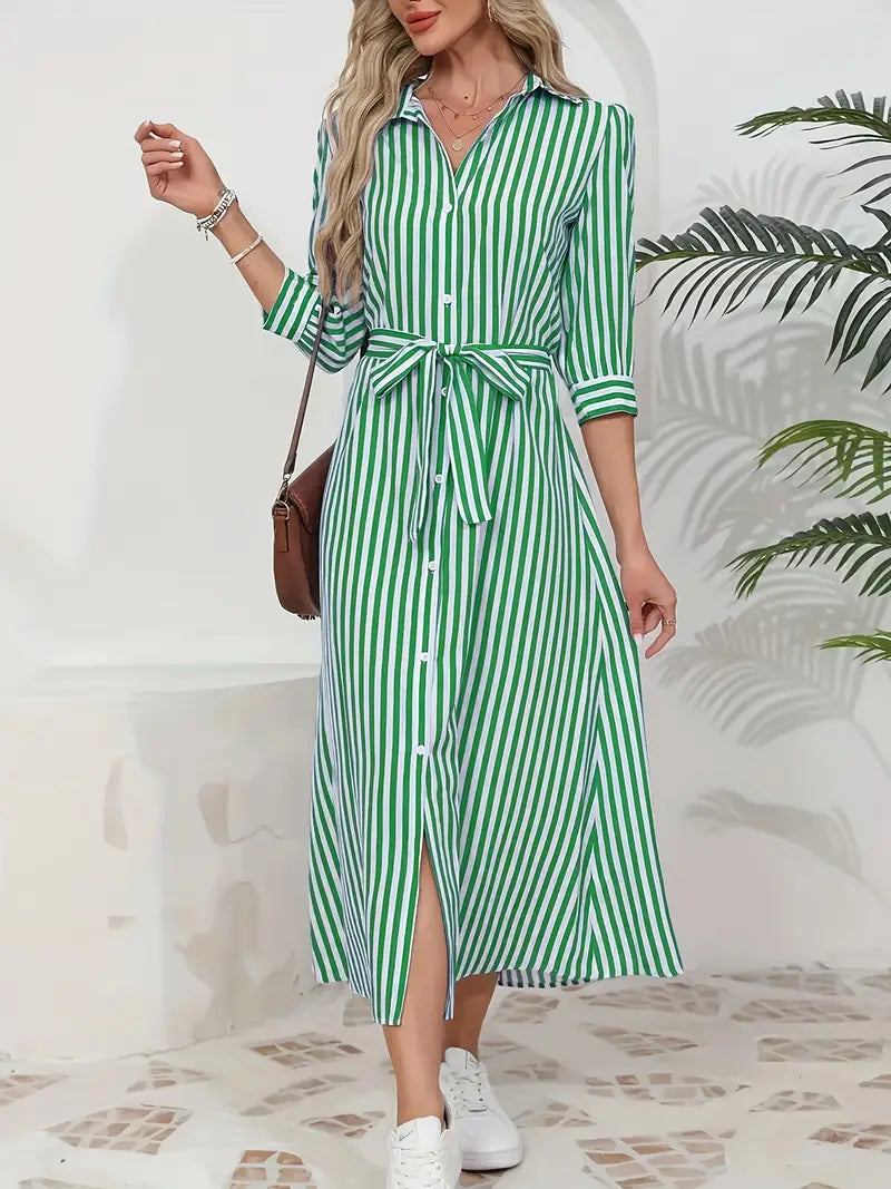 Women's Striped Belted Button Down Elegant Shirt Midi Dress™ – Zeitlose Eleganz für jeden Anlass