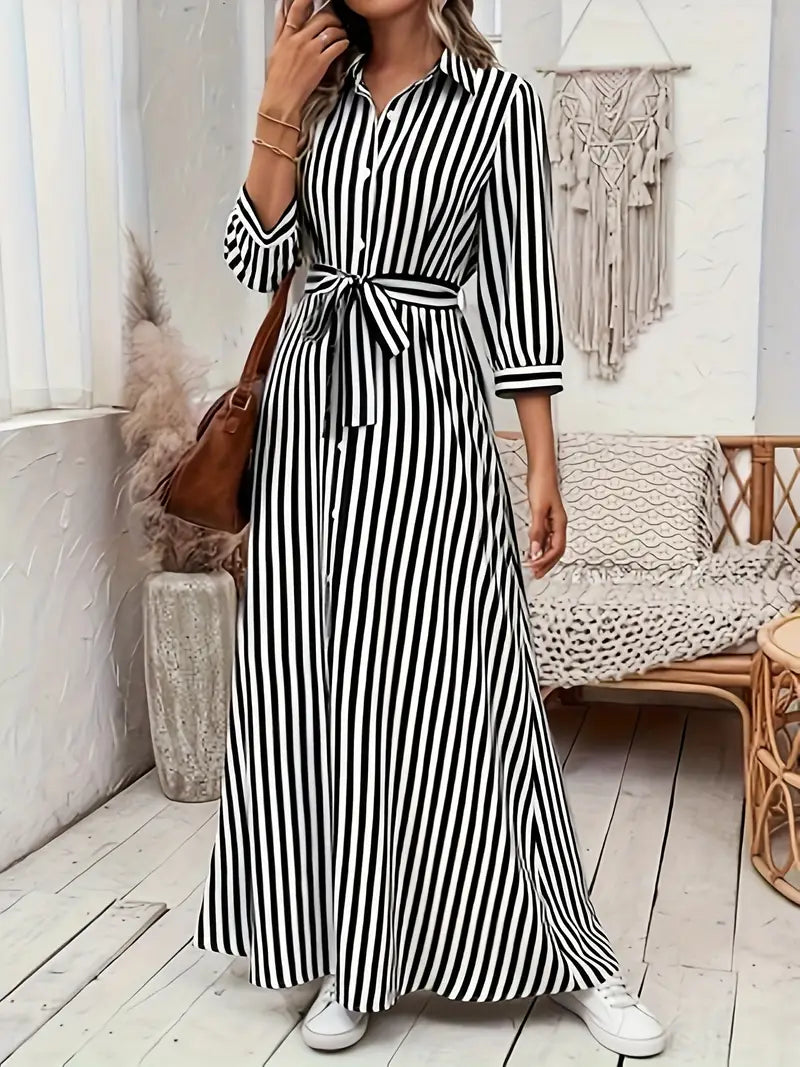 Women's Striped Belted Button Down Elegant Shirt Midi Dress™ – Zeitlose Eleganz für jeden Anlass