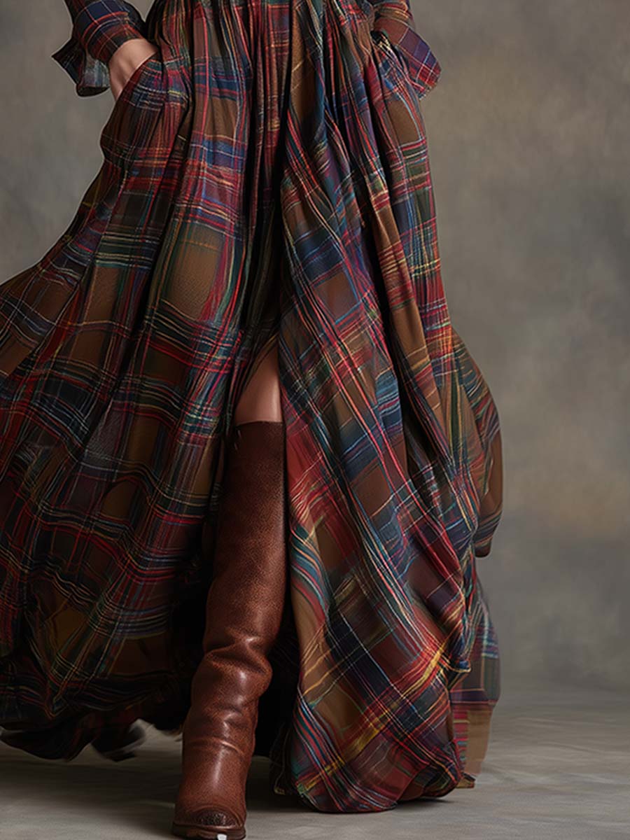 Women's Plaid Maxi Dress with Button Front and Belted Waist™ – Zeitlose Eleganz für jeden Anlass