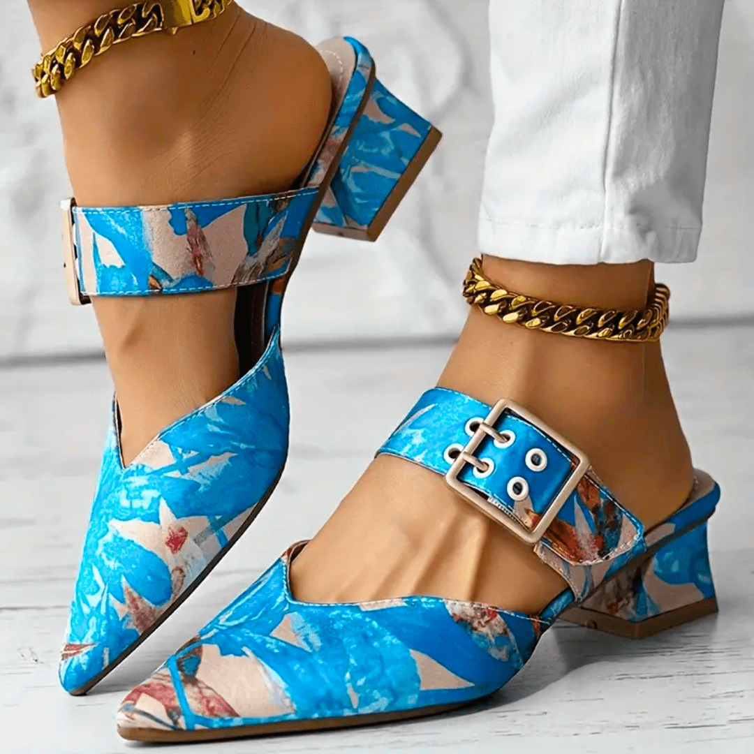 Women's Colorful Printed Heels with Strap and Block Heel™ – Kunstvolle Eleganz für stilvolle Auftritte