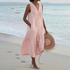 Women's Sleeveless V-Neck Button Front Midi Dress™ – Zeitloser Sommer-Chic mit femininer Eleganz